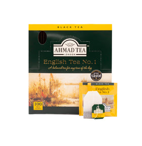 Front view of Ahmad Tea English No. 1 packaging highlighting premium blend