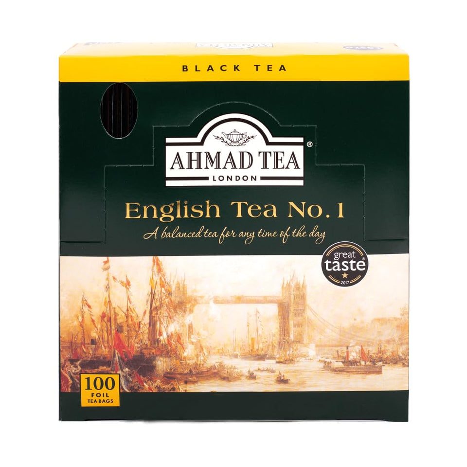 Ahmad Tea English No. 1 teabags in a foil envelope preserve aroma for quick brewing
