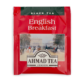 Foil-wrapped Ahmad Tea English Breakfast teabags ready to brew