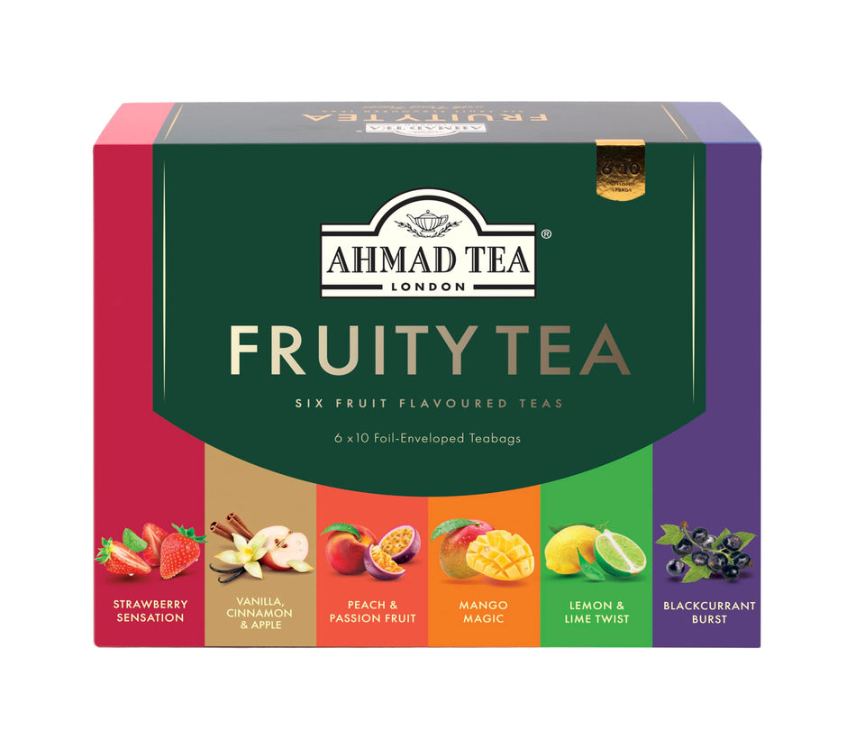 Ahmad Tea Fruitytea sampler box showing six fruit blends for hot or iced tea