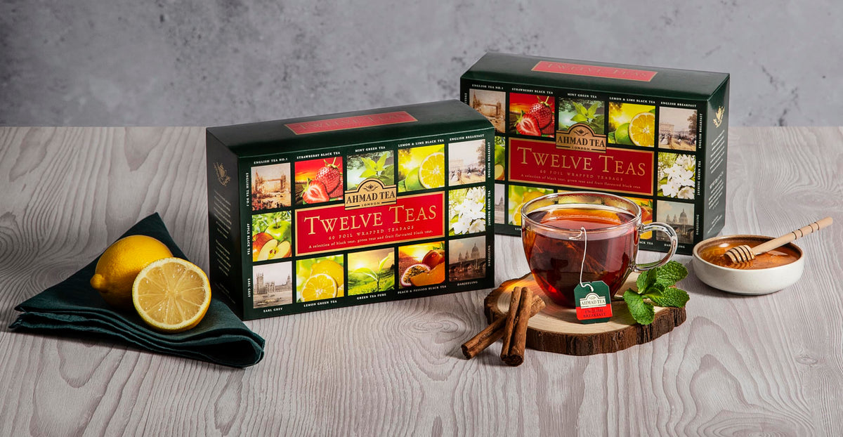 Ahmad Tea Lemon Vitality tea bags, bright citrus note for quick pick-me-up.