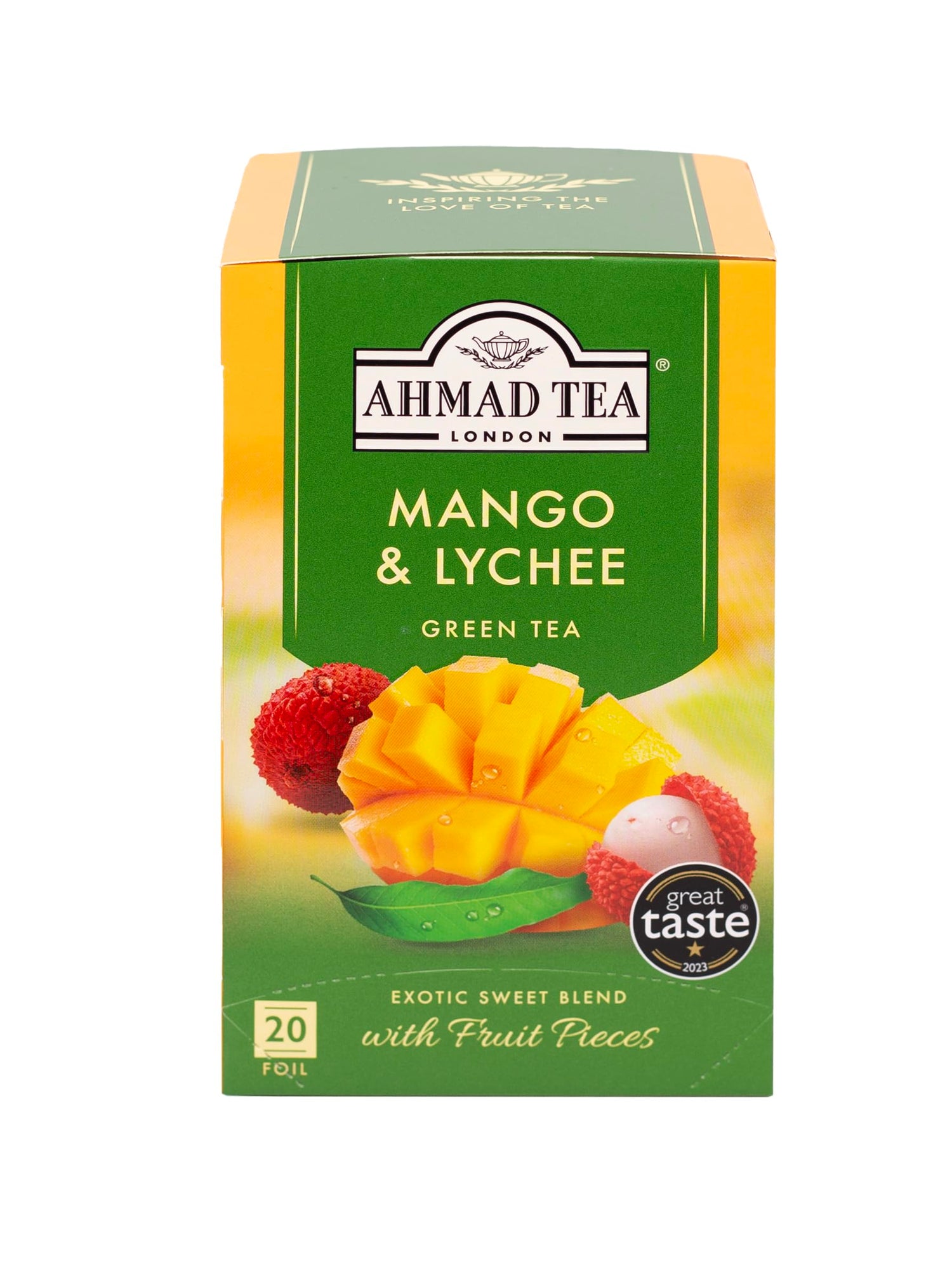 Ahmad Tea Mango & Lychee green tea packaging highlights premium ingredients for a refined cup.
