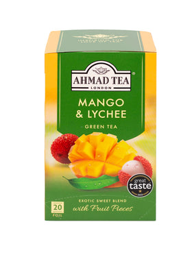 Ahmad Tea Mango & Lychee green tea packaging highlights premium ingredients for a refined cup.
