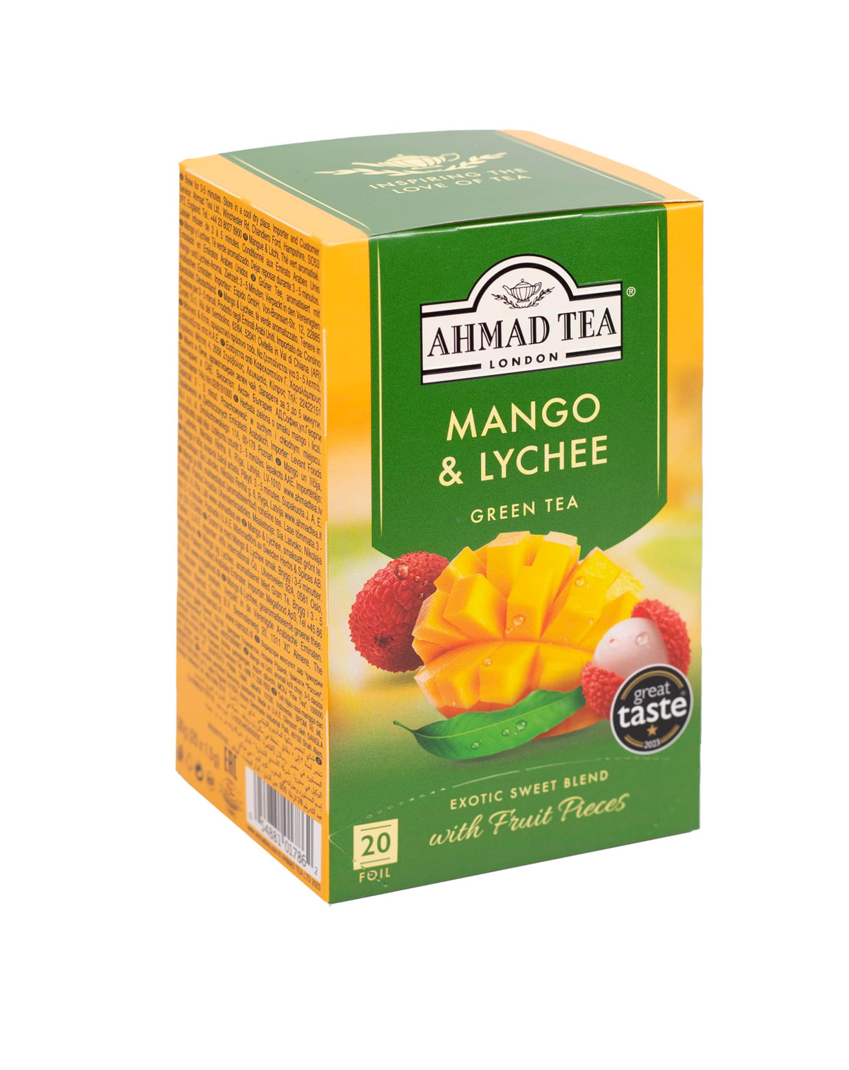 Ahmad Tea Mango & Lychee tea bags ready to brew for a vibrant, tropical session.