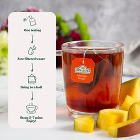 Hot brew of Ahmad Tea Mango Magic with tropical aroma.