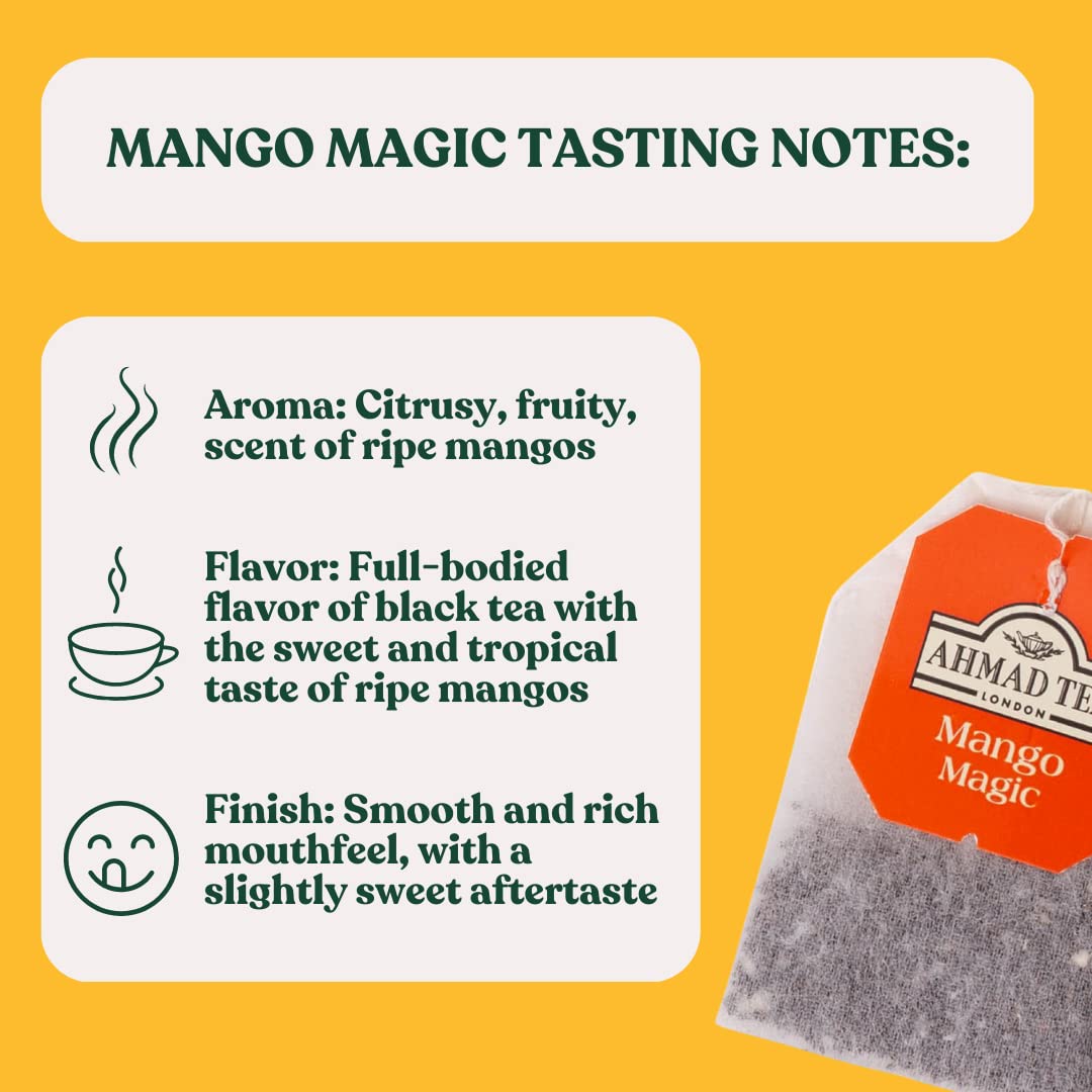 Mango pieces and flavoring in Ahmad Tea Mango Magic brew.