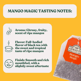 Mango pieces and flavoring in Ahmad Tea Mango Magic brew.