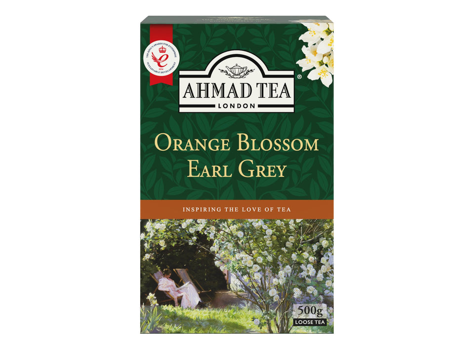 Ahmad Tea Orange Blossom with Earl Grey loose-leaf box for a calming citrus aroma.