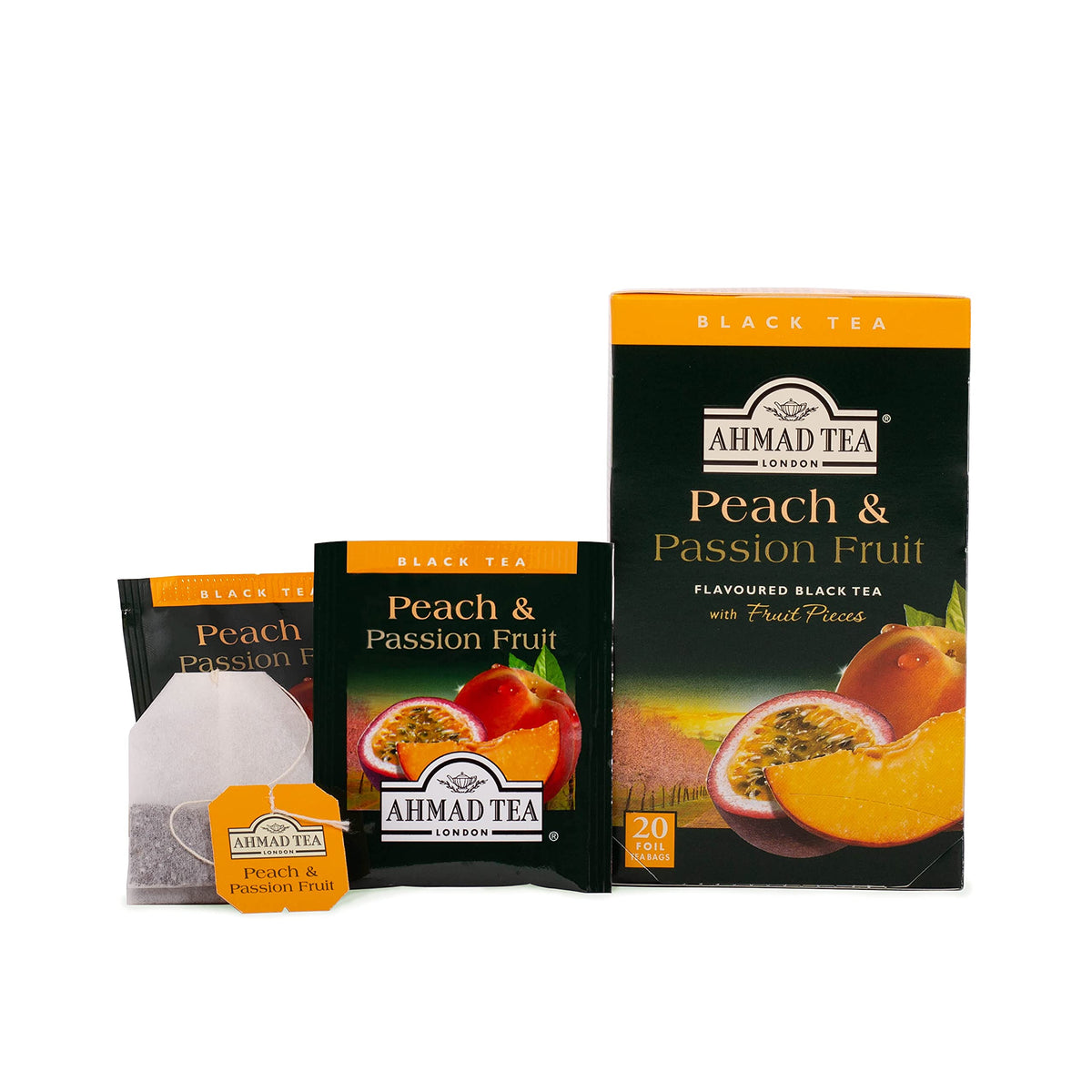 Close-up of Ahmad Tea peach and passion fruit aroma inviting a fragrant cup