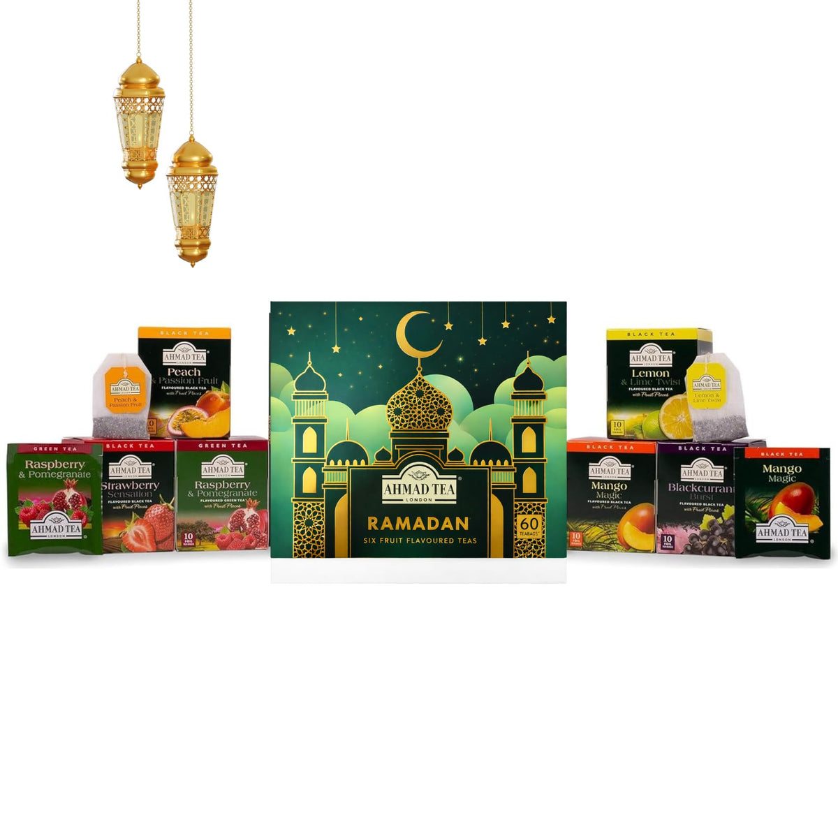Close-up of Ahmad Tea foil-wrapped teabags highlighting premium quality.