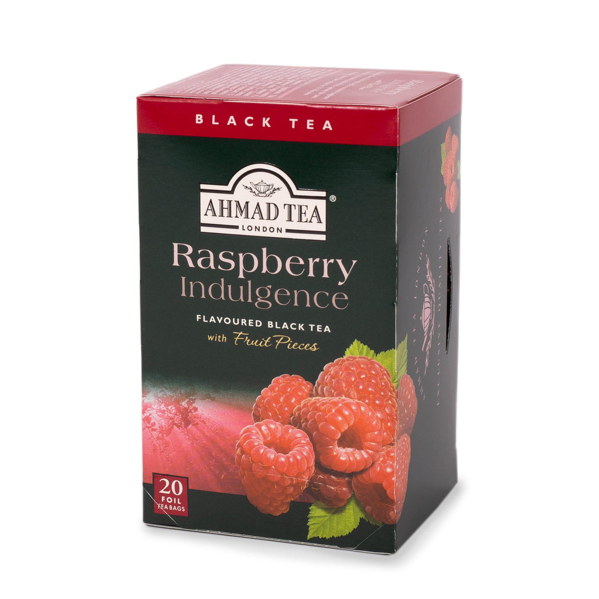 Ahmad Tea Raspberry Indulgence box image highlights premium packaging for a fruit-forward tea experience.