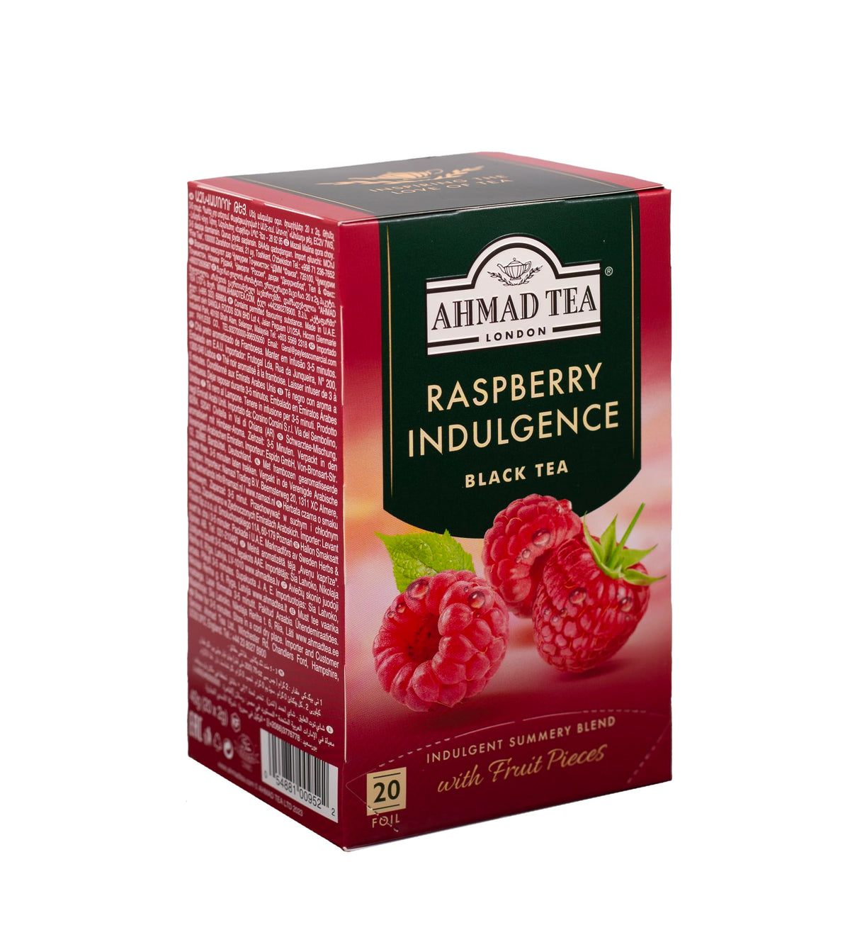 Ahmad Tea Raspberry Indulgence brewed cup image invites hot or iced serving and fruity aroma.
