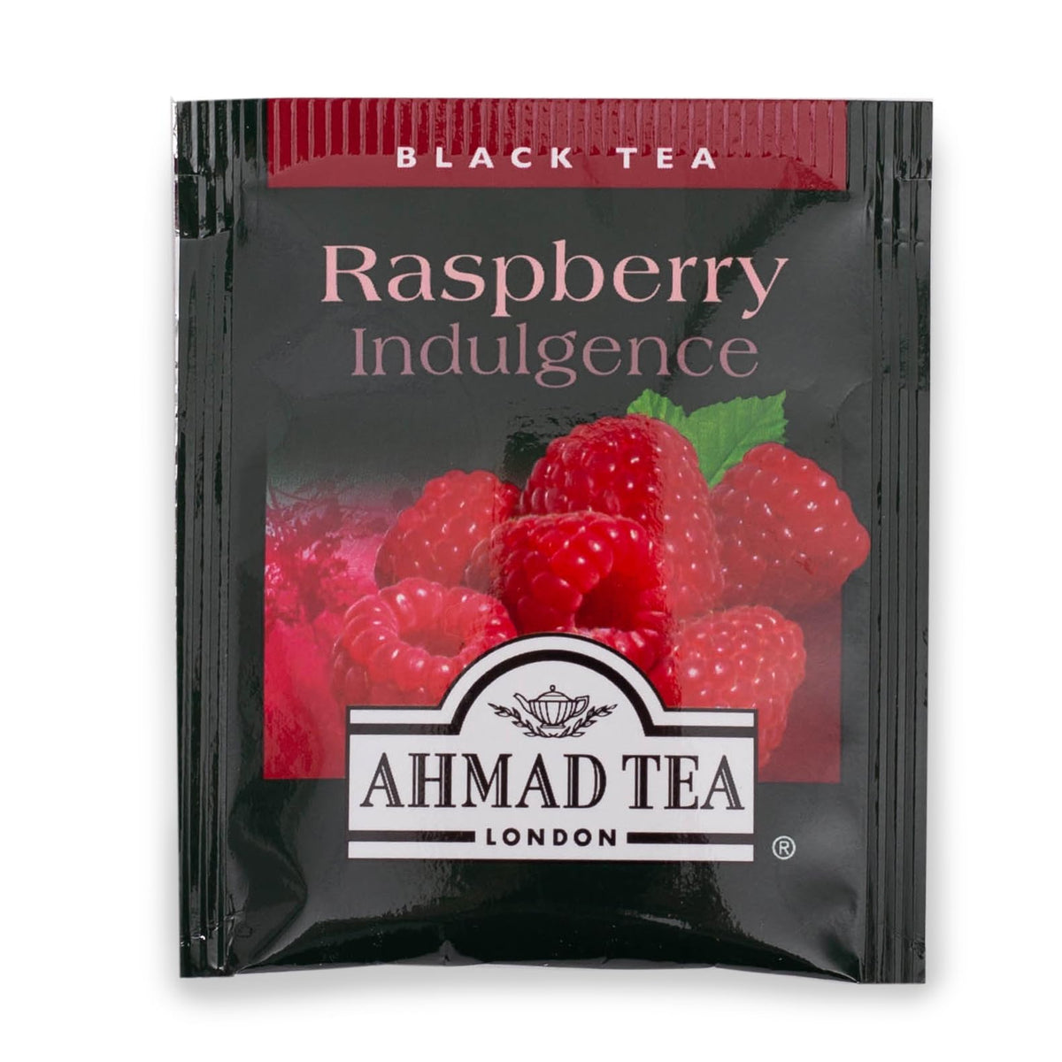 Ahmad Tea Raspberry Indulgence tea bags image highlights convenient, sugar-free black tea with raspberry flavor.