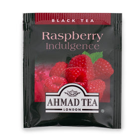 Ahmad Tea Raspberry Indulgence tea bags image highlights convenient, sugar-free black tea with raspberry flavor.
