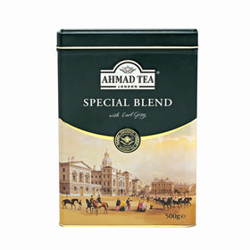 Ahmad Tea Special Blend loose tea in a round caddy, balanced flavor for daily refreshment.