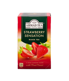 Ahmad Tea Strawberry Sensation black tea box, rich aroma for everyday enjoyment.