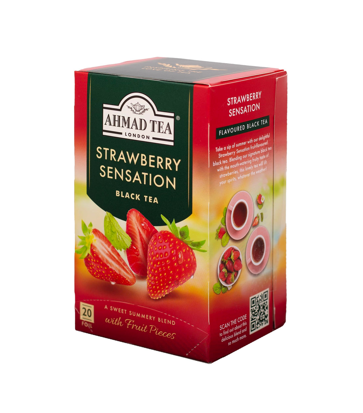 Ahmad Tea Strawberry Sensation Tea Bags, convenient brew for hot or iced beverages.