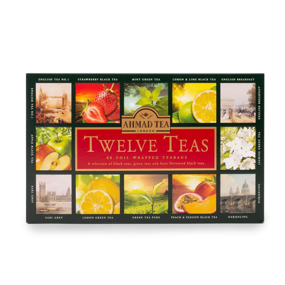 Ahmad Tea Twelve Teas gift box cover, ideal for gifting tea lovers and colleagues.
