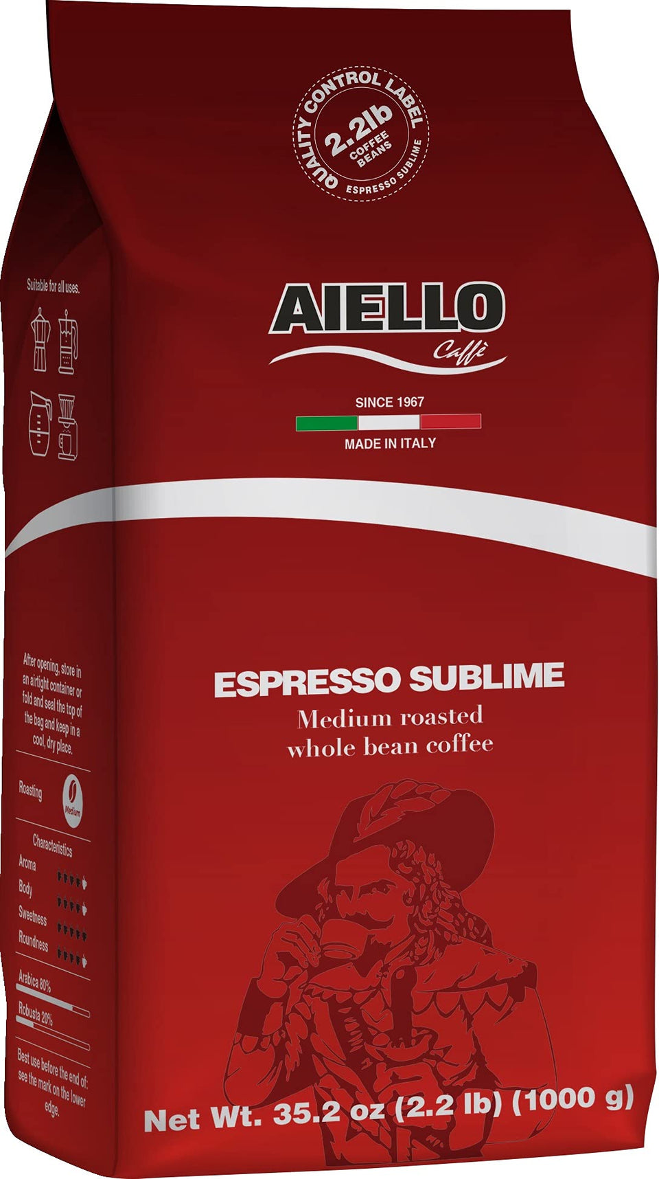 Aiello Caffe Italian Espresso Beans 2.2 lb bag, ready for barista-level home espresso.