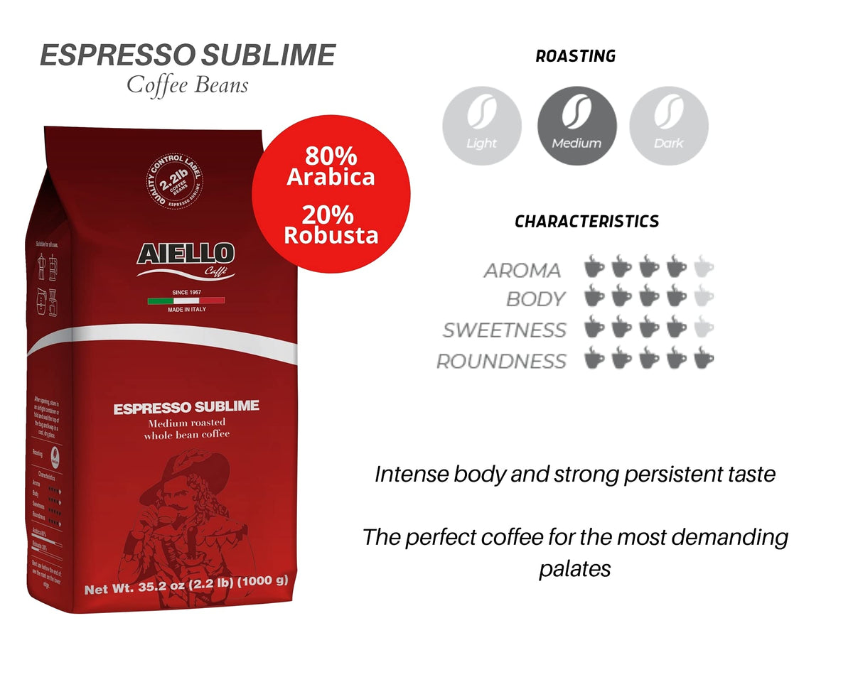 Aiello Caffe Sublime Blend beans close-up highlighting premium aroma.