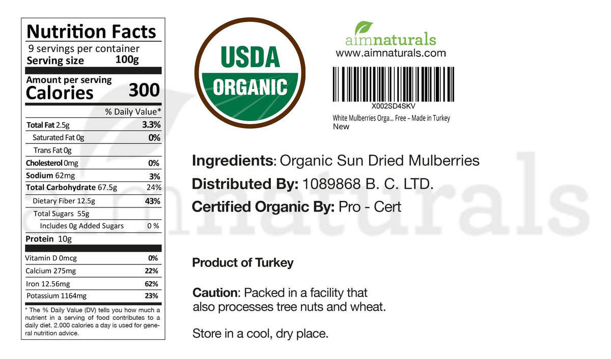 Aim Naturals mulberries ideal for baking, snacking, or topping dishes