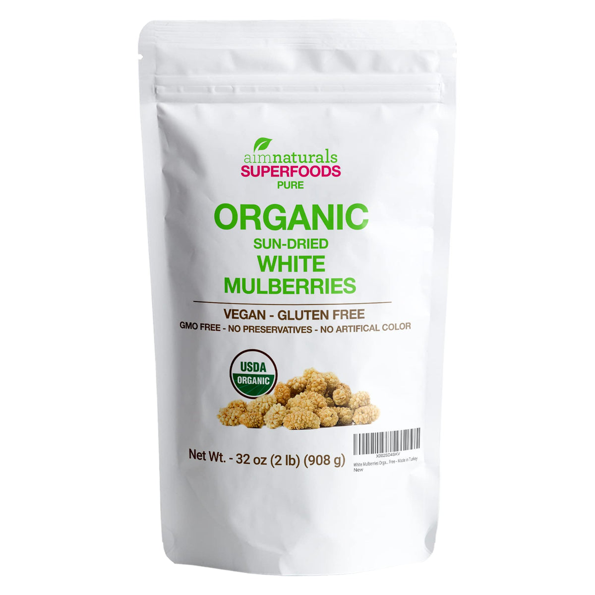 Aim Naturals white mulberries dried in a bulk bag for easy pantry storage