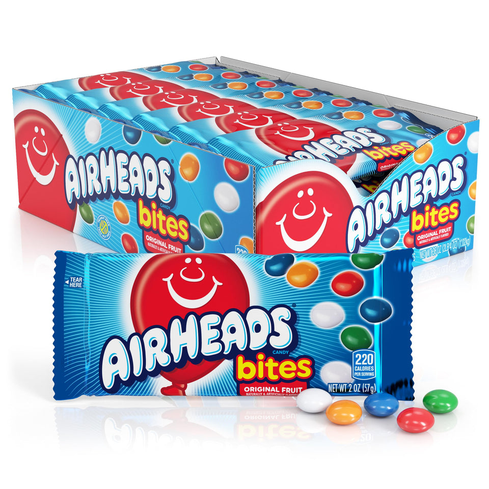 Airheads Bites assorted fruit flavors in a 2oz bag, crowd-pleasing snack.
