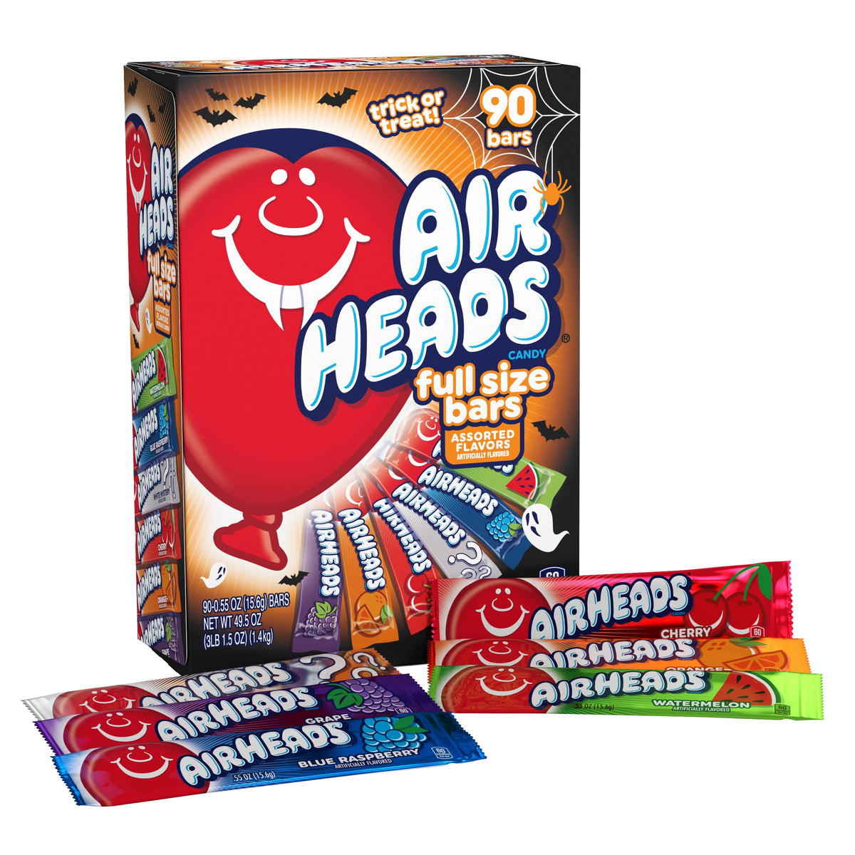 Airheads candy bars Halloween variety box with 90 chewable full-size bars for parties.