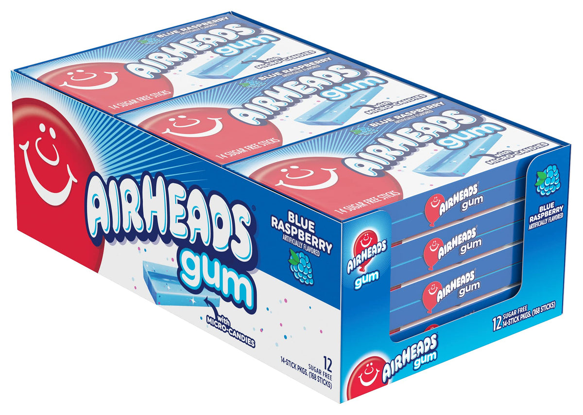 Airheads gum blue raspberry pack front offers long-lasting flavor on the go.