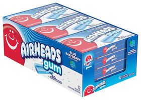 Airheads gum blue raspberry pack front offers long-lasting flavor on the go.