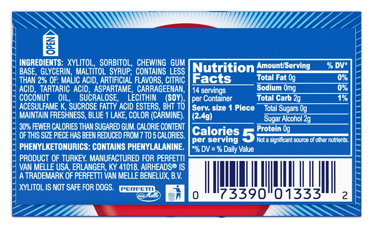 Airheads gum sugar-free gluten-free label indicates a gluten-free option for mindful snacking.