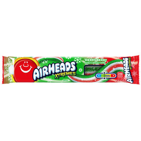 Close-up of Airheads Xtremes Merry Berry belts, tangy-sour texture and chewy bite.