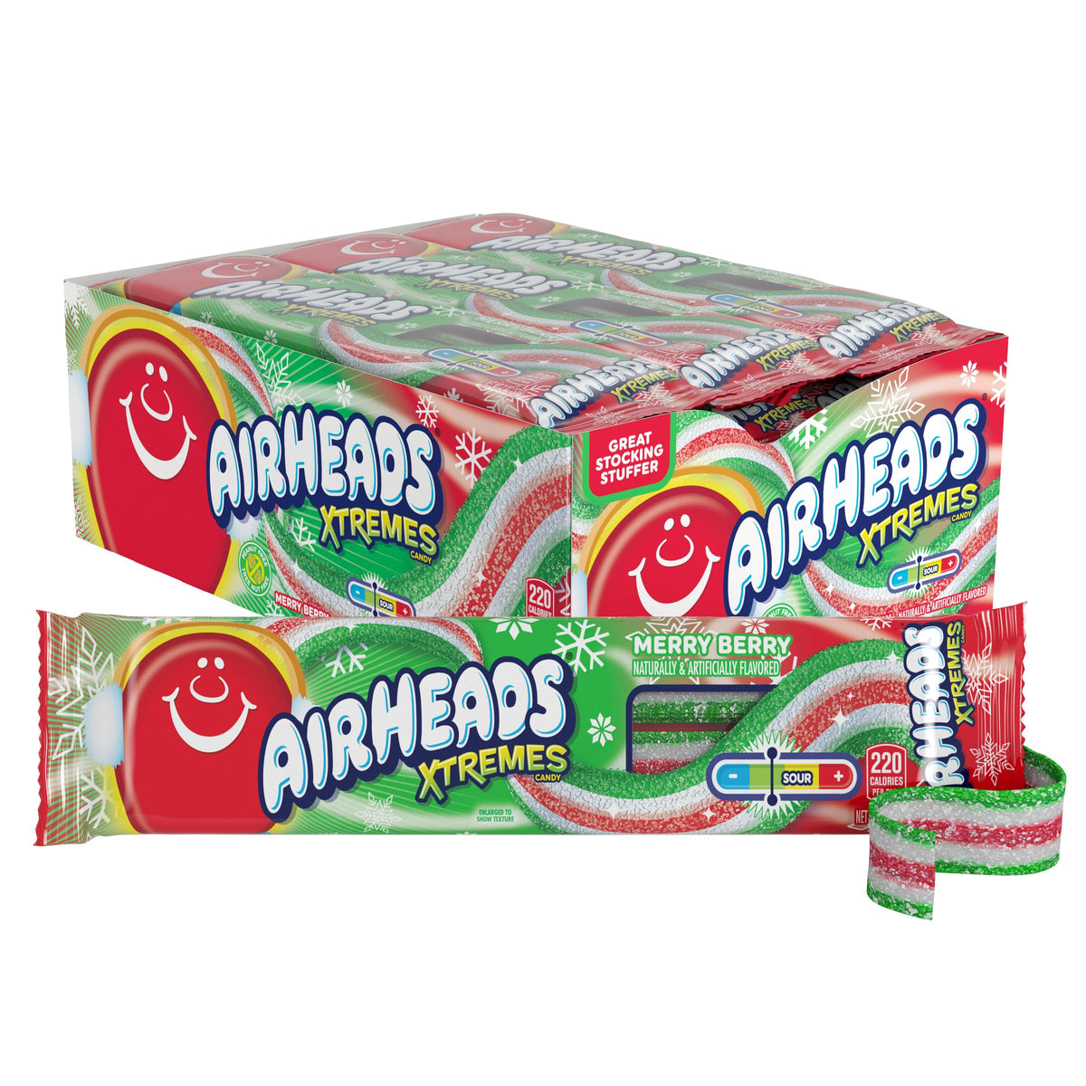 Airheads Xtremes Merry Berry belts in an 18-pack, vibrant chewy candy snacks.