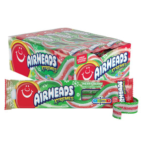 Airheads Xtremes Merry Berry belts in an 18-pack, vibrant chewy candy snacks.