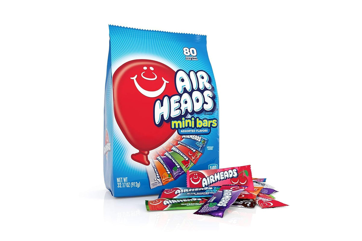 Airheads packaging highlights six flavors including Cherry and Orange for quick snacking.