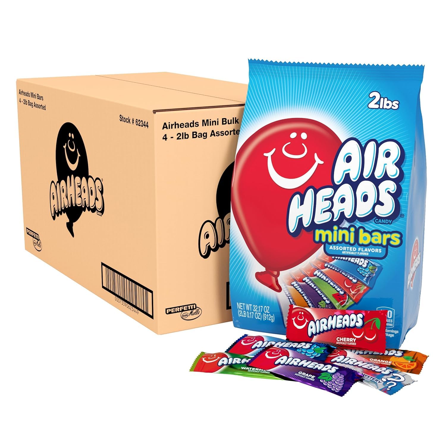 Airheads mini candy bars variety pack shows six fruity flavors for sharing snacks.