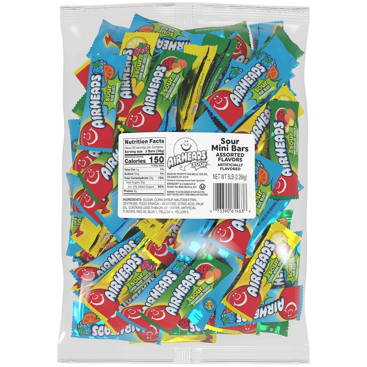 Airheads Mini Sour Bars assortment bag, tangy fruit chews for party favors.