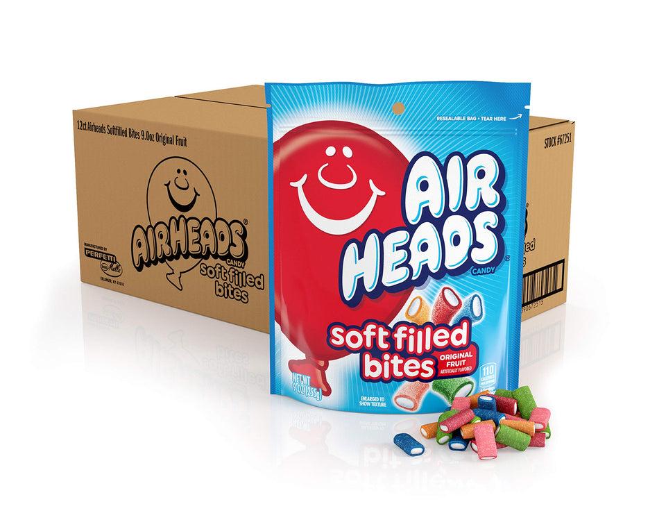 Airheads soft-filled bites in assorted fruit flavors in a stand-up bag for snacking