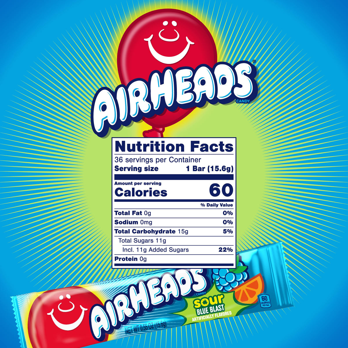 Airheads Sour Blue Blast bars are gluten-free, peanut-free, and kosher, suitable for various diets.