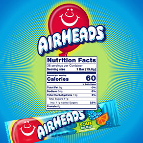 Airheads Sour Blue Blast bars are gluten-free, peanut-free, and kosher, suitable for various diets.