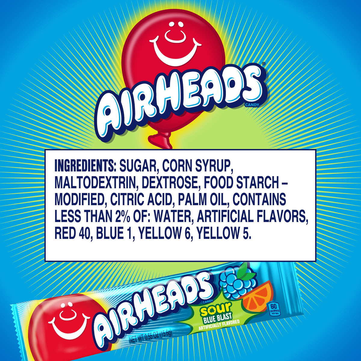 Airheads Sour Blue Blast bars, bulk packaging, travel-friendly snacks.
