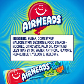 Airheads Sour Blue Blast bars, bulk packaging, travel-friendly snacks.