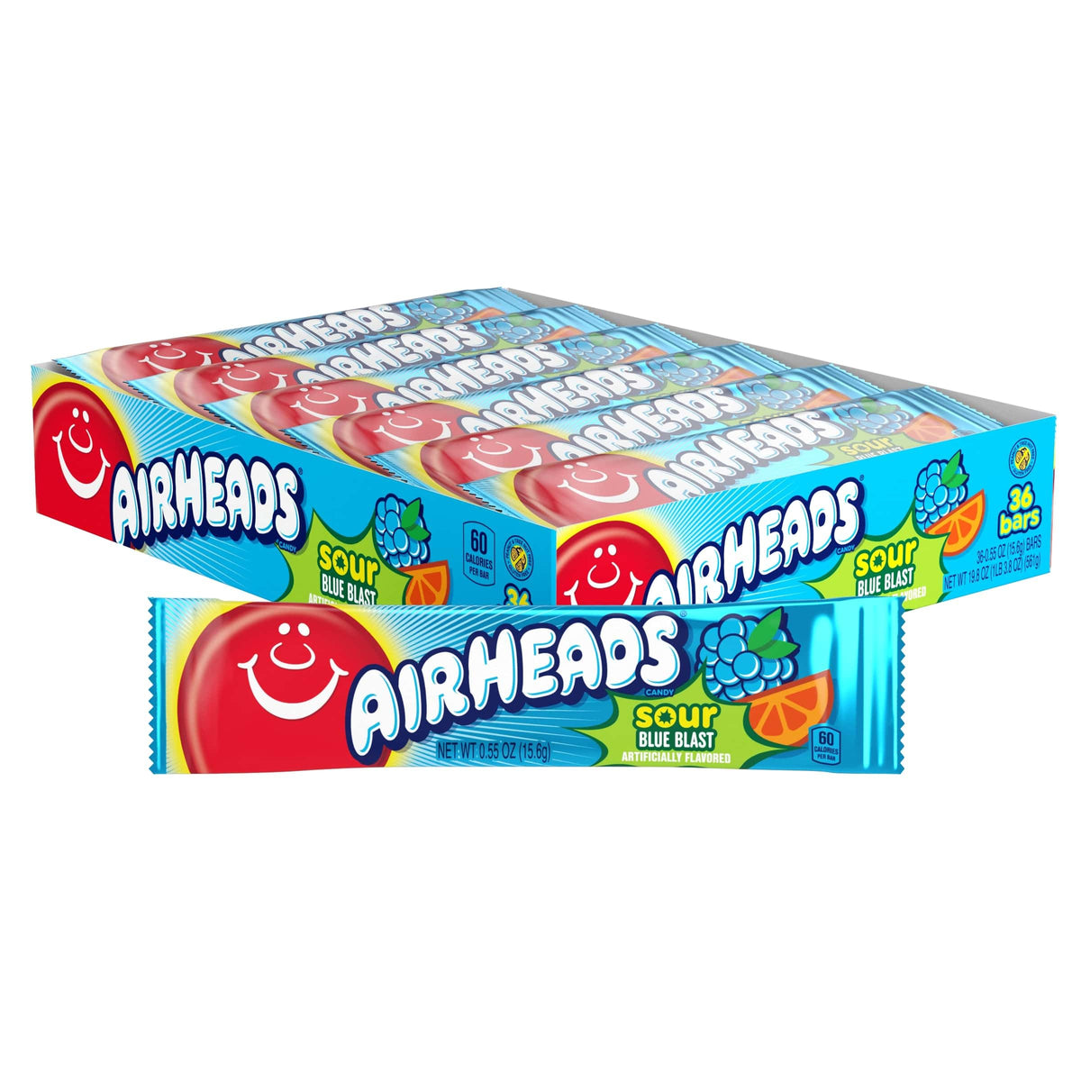 Airheads Sour Blue Blast bars in box front, ideal for party favors.