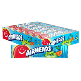Airheads Sour Blue Blast bars in box front, ideal for party favors.