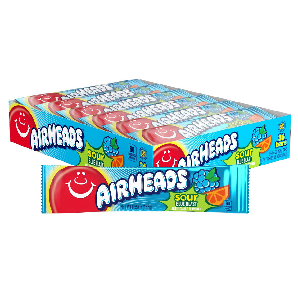 Airheads Sour Blue Blast bars in box front, ideal for party favors.