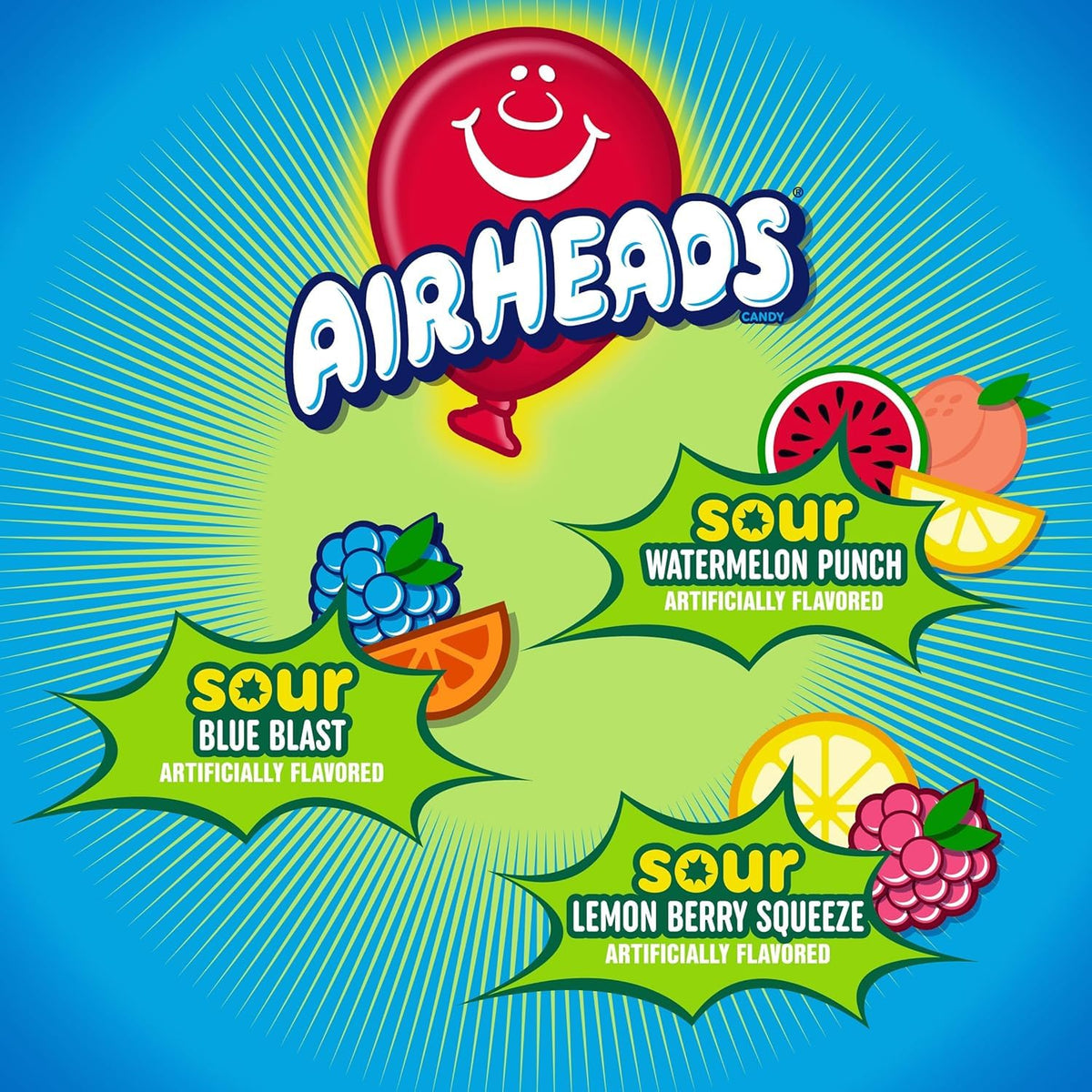 Airheads Sour Watermelon Punch chewy candy, bold tang and fruity sweetness.