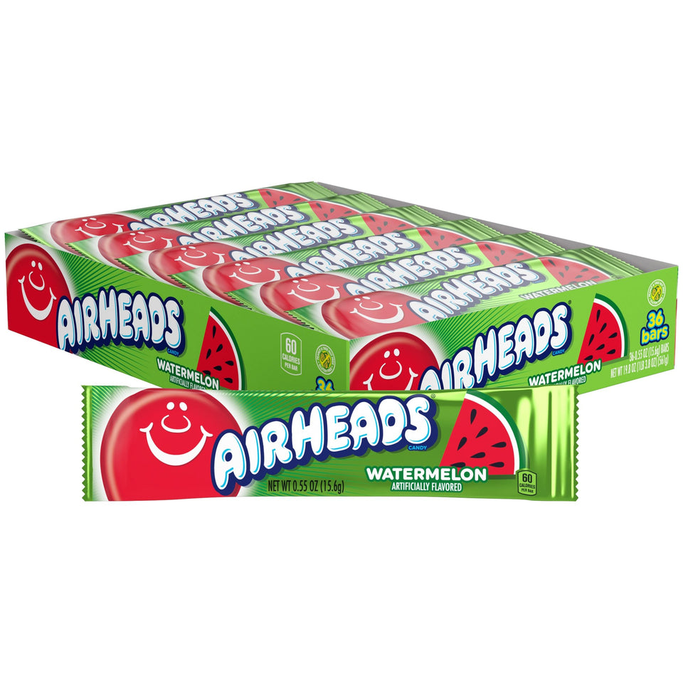 Airheads Watermelon full-size candy bars in a 36-count box for party and classroom treats.