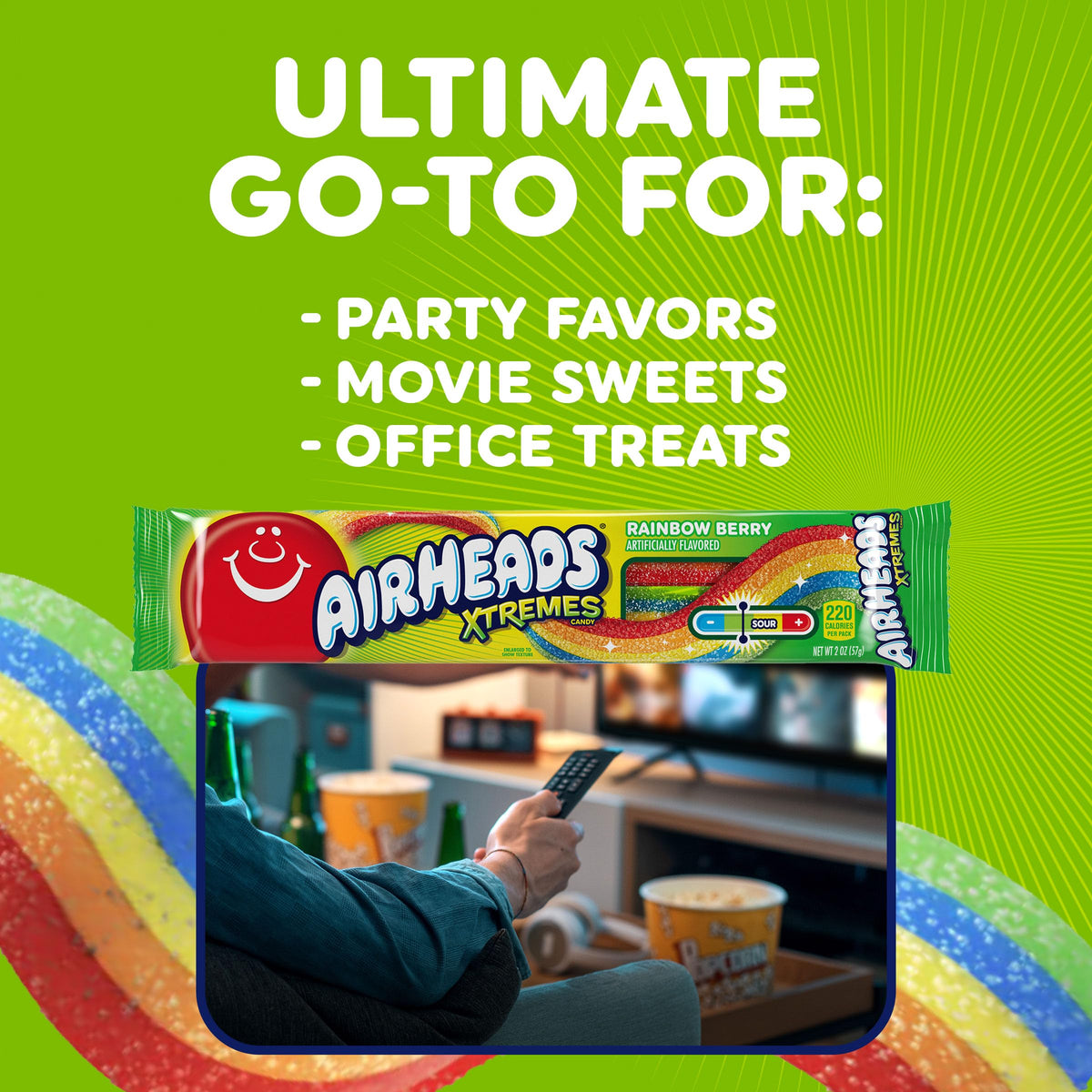 Bulk display of Airheads Xtremes Belts Rainbow Berry packaging