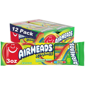 Airheads Xtremes Belts Rainbow Berry close-up showing chewy, fruity bite for snacking