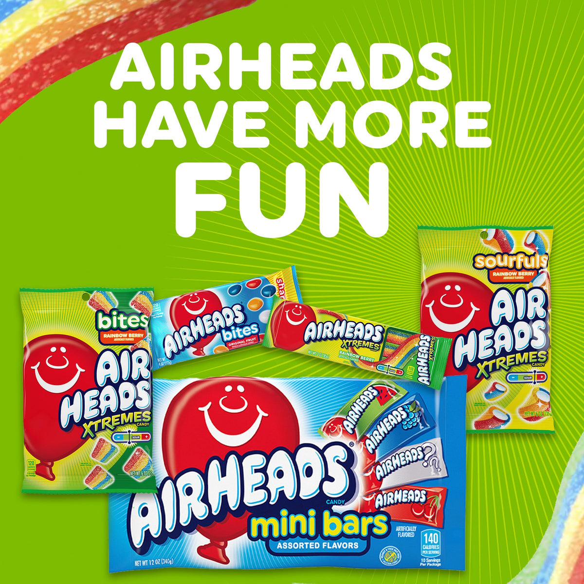 Airheads Xtremes Belts Rainbow Berry candy as party favors